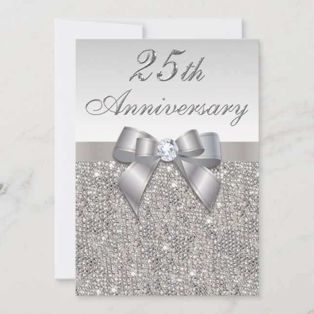 Invitation 25e Anniversaire de Mariage Faux Sequins & Nœud (Devant)