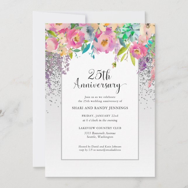 Invitation 25e anniversaire de mariage Fleurs roses argentées (Devant)