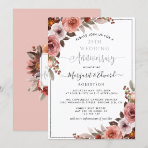 Invitation 25e anniversaire de mariage, floral rose argenté