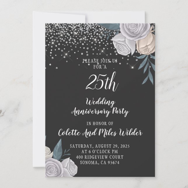 Invitation 25e Anniversaire de Mariage Glitter Argent (Devant)