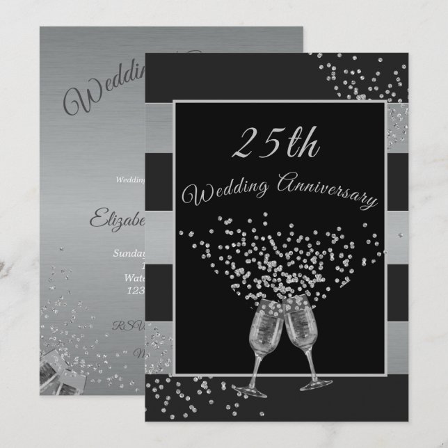 Invitation 25e Anniversaire de Mariage Noir Argent Élégant Ch (Devant / Derrière)