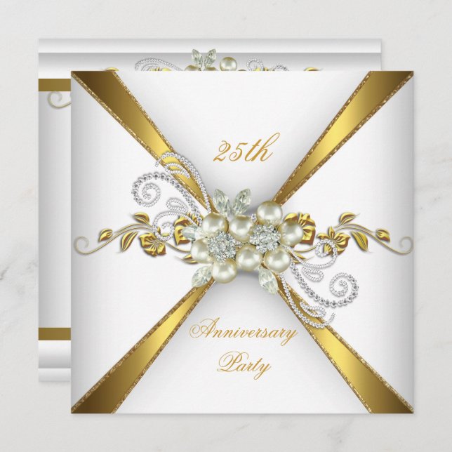 Invitation 25e Anniversaire de Mariage Perle Or Argent (Devant / Derrière)