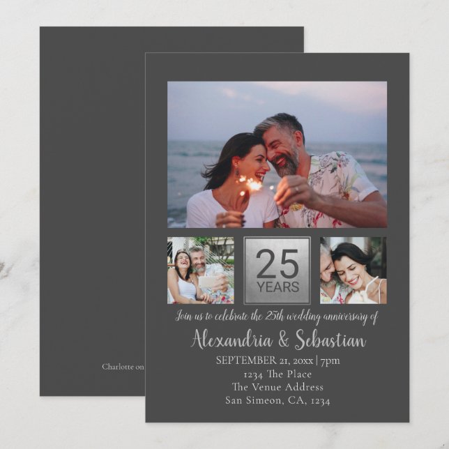 Invitation 25e Anniversaire de Mariage Personnalisé Gris Arge (Devant / Derrière)