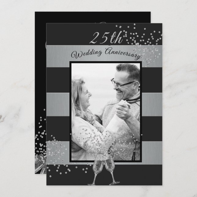 Invitation 25e Anniversaire de Mariage Photo Noir Argent (Devant / Derrière)