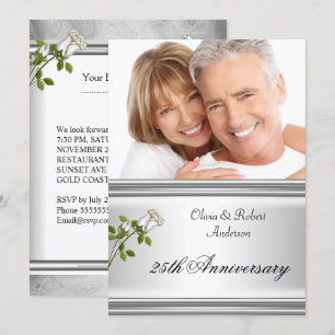Invitation 25e Anniversaire de Mariage Rose Blanche Argentée