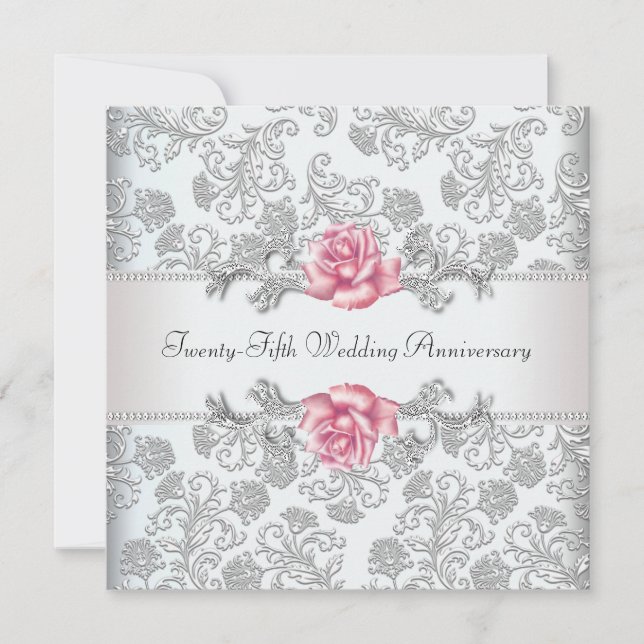 Invitation 25e anniversaire de mariage Rose rose damas argent (Devant)