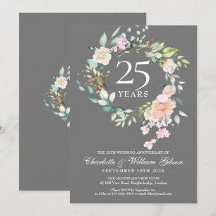 Invitation 25e Anniversaire de Mariage Roses Fleuris Argent