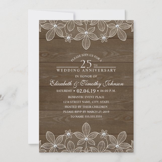 Invitation 25e Anniversaire de Mariage Rustique Bois Dentelle (Devant)