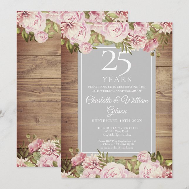 Invitation 25e Anniversaire de Mariage Rustique Roses (Devant / Derrière)