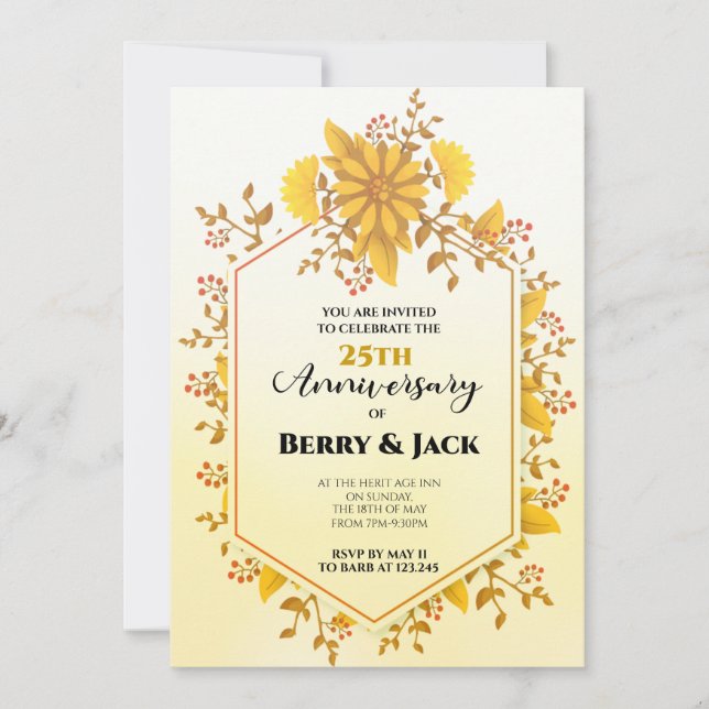 Invitation 25e anniversaire de récolte d'or tournesols jaunes (Devant)