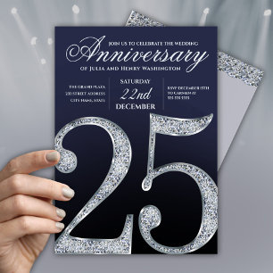Invitation 25e Anniversaire Diamant Argent Bleu Foncé Années