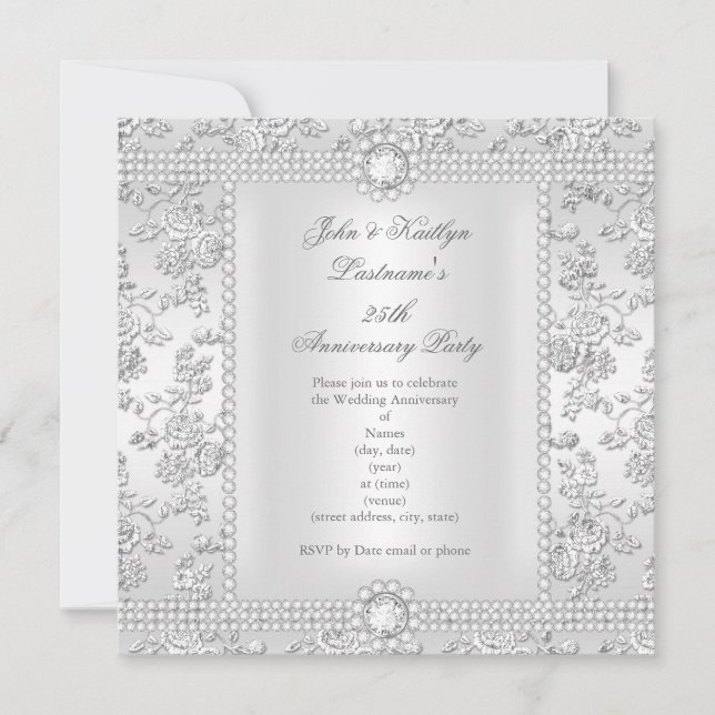 Invitation 25e Anniversaire Diamant Rose Damassé Argent Blanc (Devant)