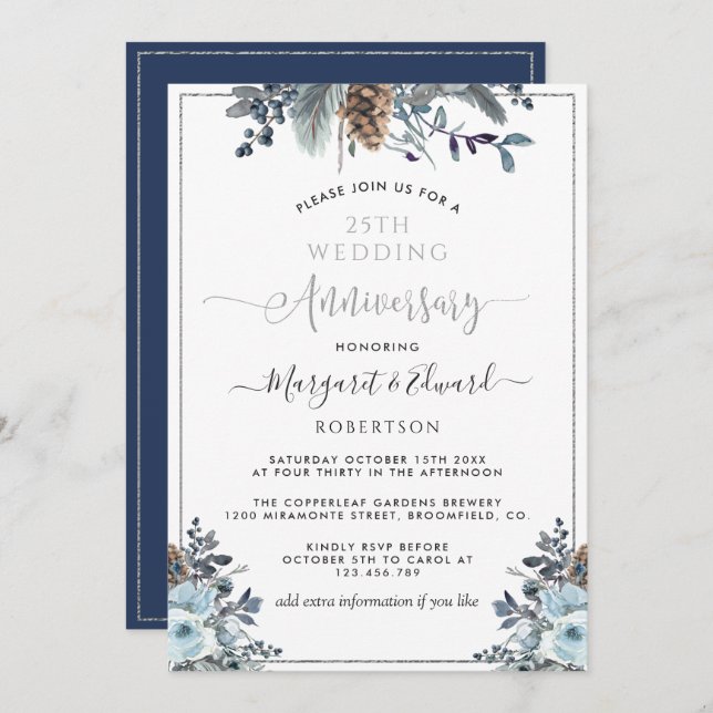 Invitation 25e anniversaire du Mariage, argent, bleu marine f (Devant / Derrière)