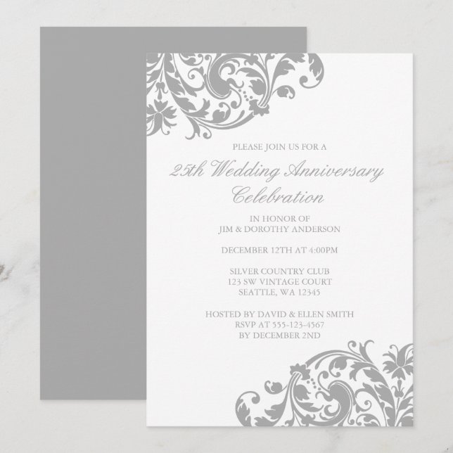 Invitation 25e anniversaire du Mariage Argent Swirl fleurit (Devant / Derrière)