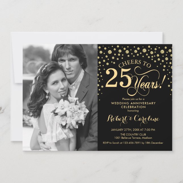 Invitation 25e anniversaire du Mariage avec photo - Black or (Devant)