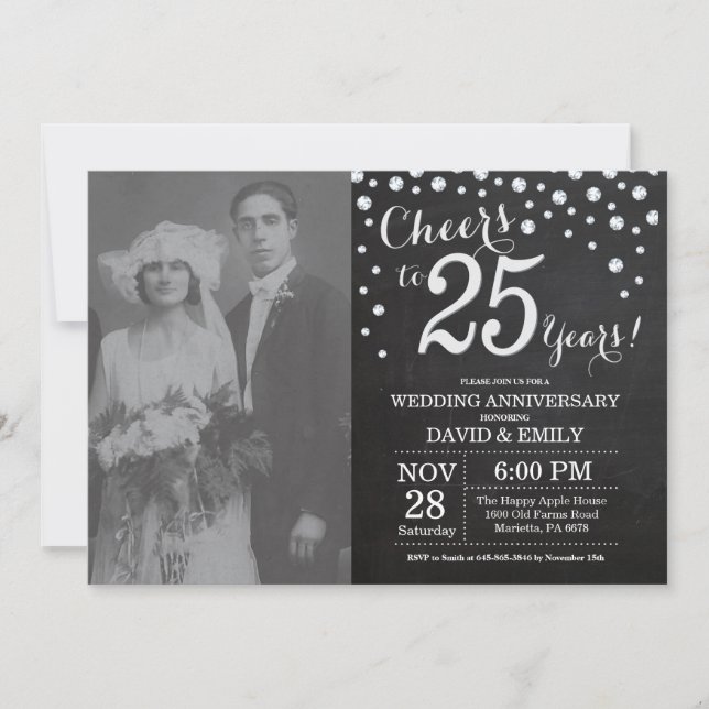 Invitation 25e anniversaire du Mariage Chalkboard Black Silve (Devant)