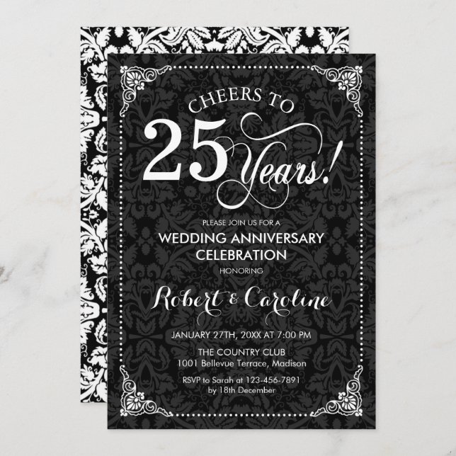 Invitation 25e anniversaire du Mariage - Damas noir blanc (Devant / Derrière)