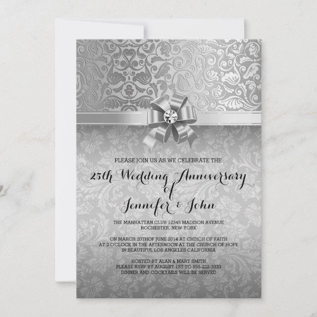 Invitation 25e anniversaire du Mariage Damas noir et argent (Devant)