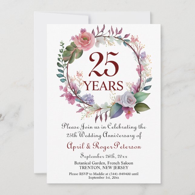 Invitation 25e anniversaire du Mariage d'argent Floral (Devant)