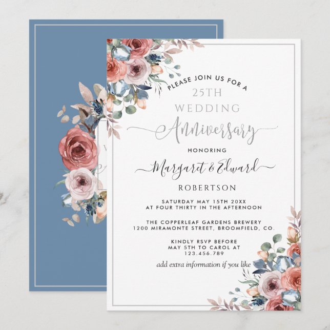 Invitation 25e anniversaire du Mariage, floral bleu argenté (Devant / Derrière)
