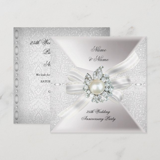 Invitation 25e anniversaire du Mariage Lace Pearl White (Devant / Derrière)