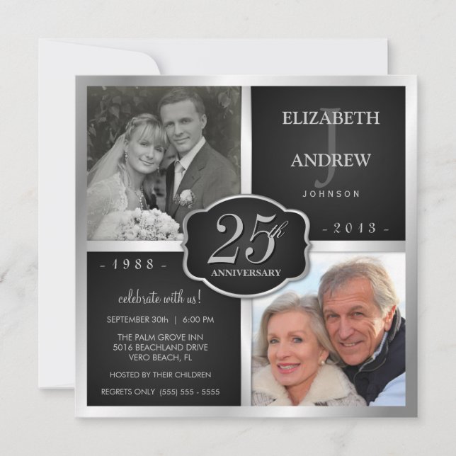 Invitation 25e anniversaire du Mariage noir et argent (Devant)