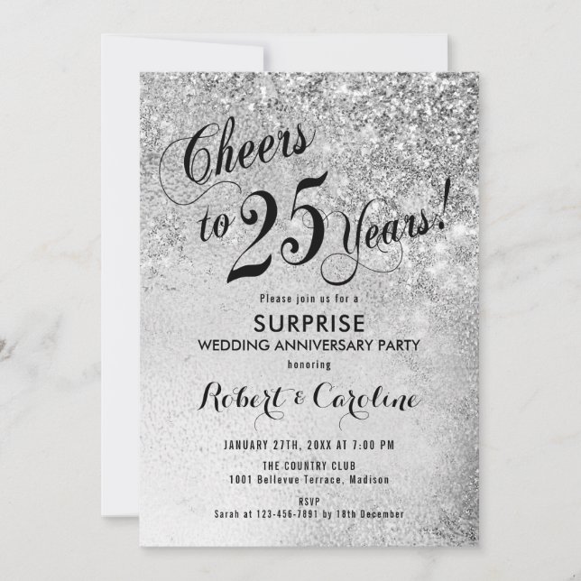 Invitation 25e anniversaire du Mariage surprise - Argent (Devant)