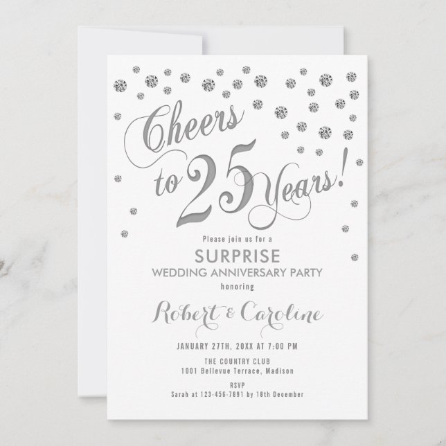Invitation 25e anniversaire du Mariage surprise - Blanc & Arg (Devant)