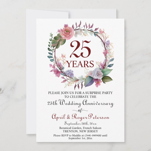 Invitation 25e anniversaire du Mariage surprise d'argent Flor (Devant)