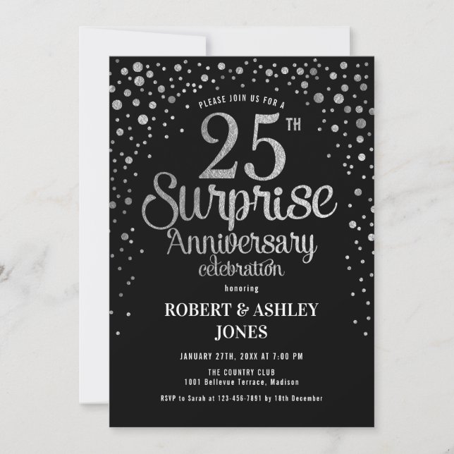 Invitation 25e anniversaire du Mariage surprise - Noir & Arge (Devant)