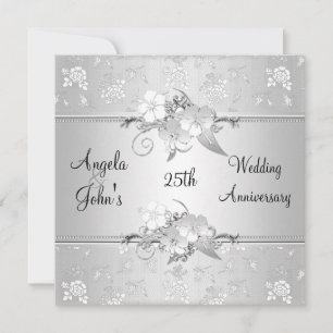 Invitation 25e Anniversaire Élégant Argent Blanc Floral