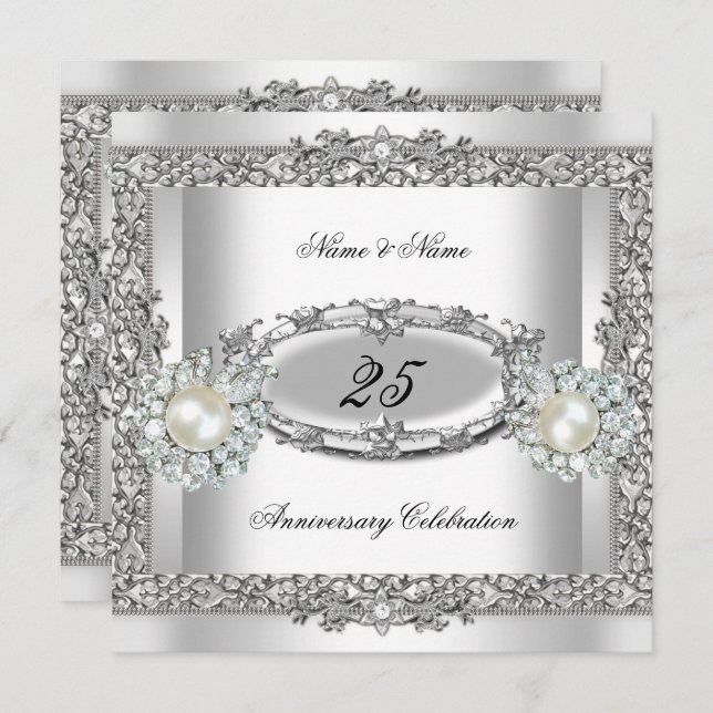 Invitation 25e Anniversaire Elégant Blanc Argent Perle Dentel (Devant / Derrière)