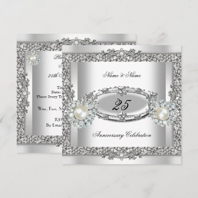 Invitation 25e Anniversaire Elégant Blanc Perle Argent Broder (Devant / Derrière)