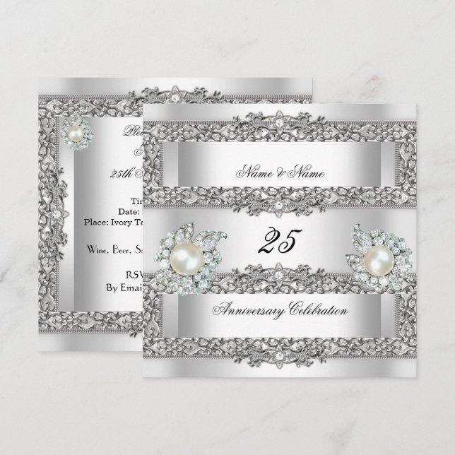 Invitation 25e Anniversaire Elégant Blanc Perle Dentelle (Devant / Derrière)
