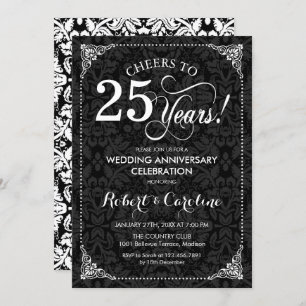 Invitation 25e anniversaire Mariage - Damas noir blanc