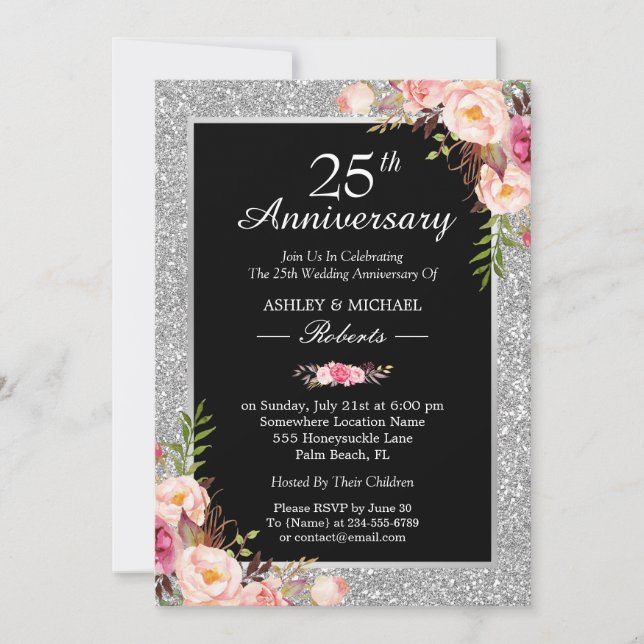 Invitation 25e anniversaire Mariage d'argent Élégant floral (Devant)
