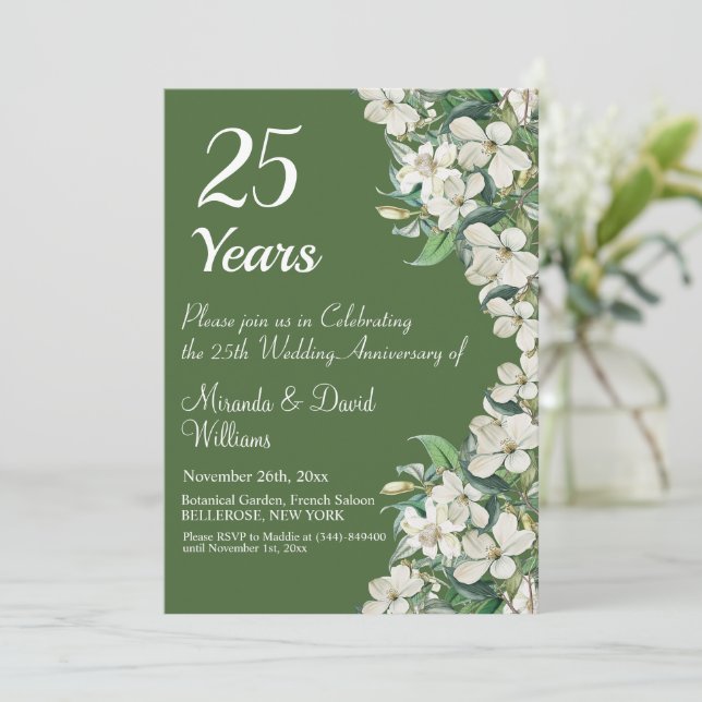 Invitation 25e anniversaire Mariage d'argent Floral blanc (Debout devant)