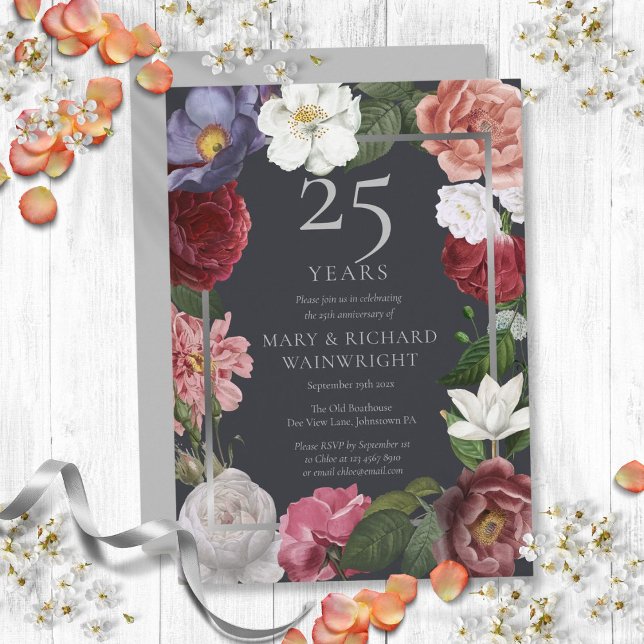 Invitation 25e anniversaire Mariage d'argent Rose de pays (25th Silver Wedding Anniversary Country Rose Invitation)