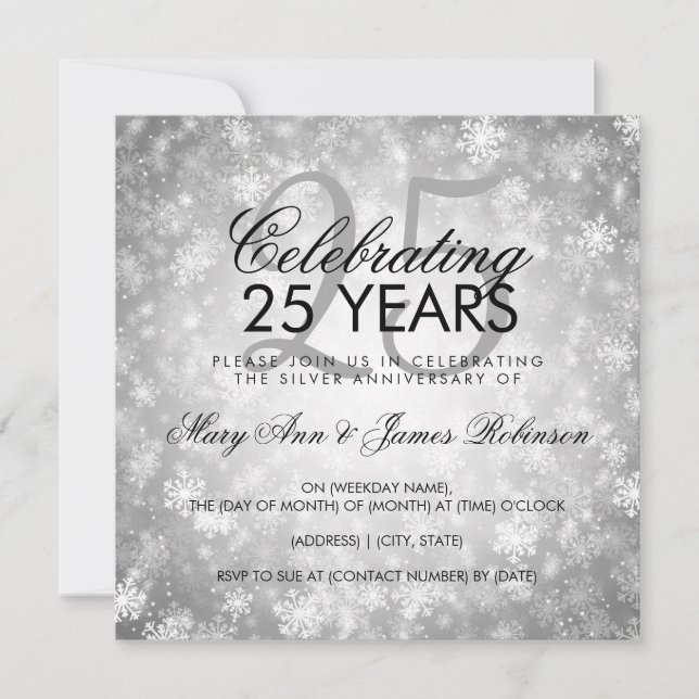 Invitation 25e anniversaire Mariage hiver Wonderland Argent (Devant)