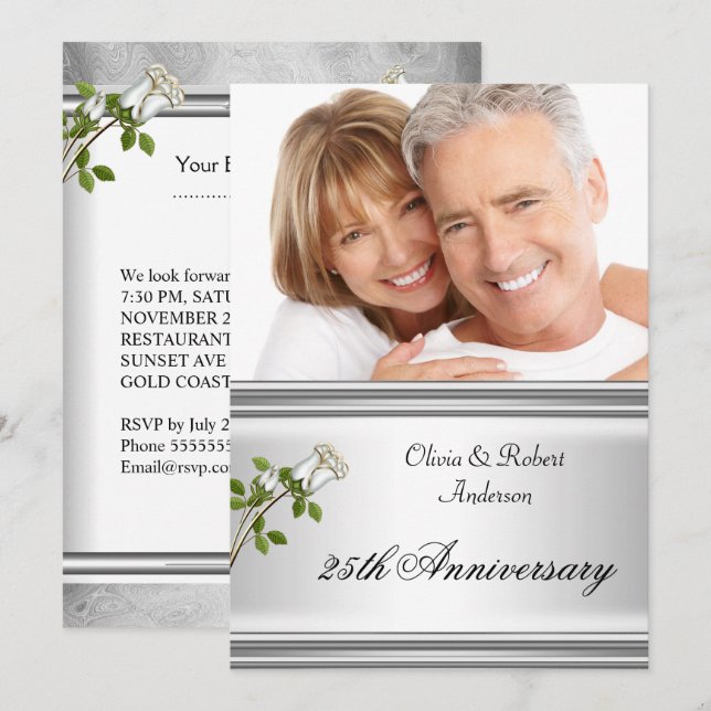 Invitation 25e Anniversaire Mariage Rose Blanche Argentée (Devant / Derrière)