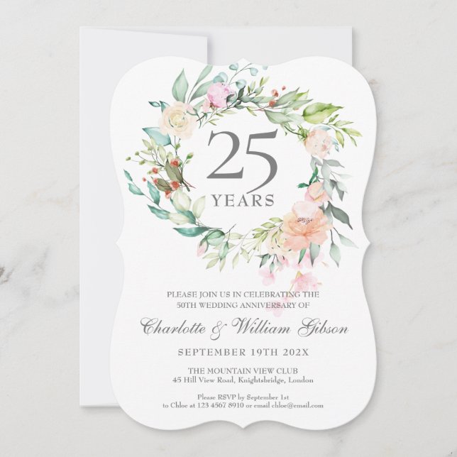 Invitation 25e anniversaire Mariage Rose jardin vert (Devant)