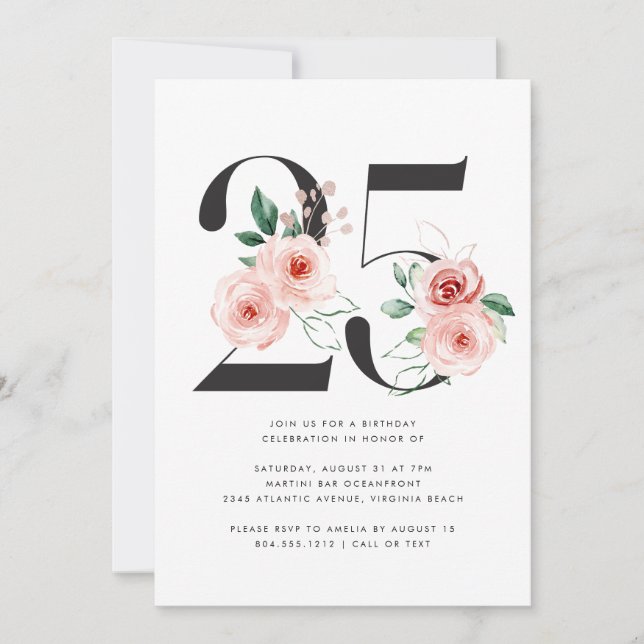 Invitation 25e anniversaire Moderne Floral Rose Gold Green (Devant)