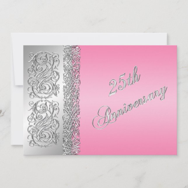 Invitation 25e anniversaire Ornate Silver Scrolls avec rose (Devant)
