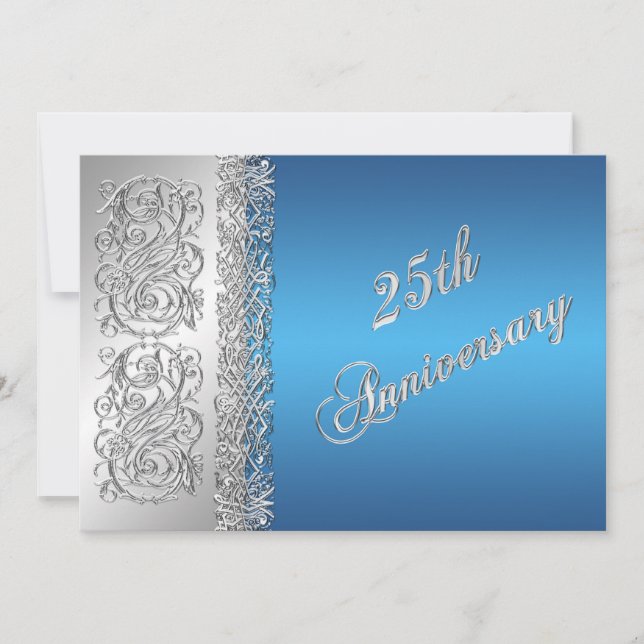 Invitation 25e Anniversaire Ornements Argentés avec Bleu (Devant)