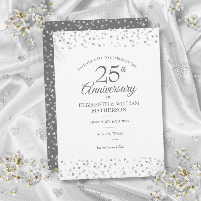Invitation 25e anniversaire Sauvez la date Coeurs d'argent (25th Anniversary Save the Date Silver Hearts Invitation)