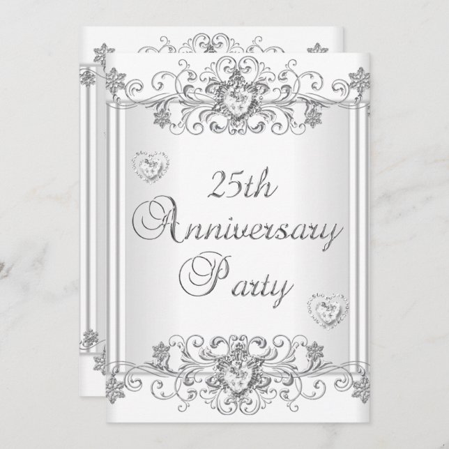 Invitation 25e anniversaire Silver White Diamond Hearts 2 (Devant / Derrière)
