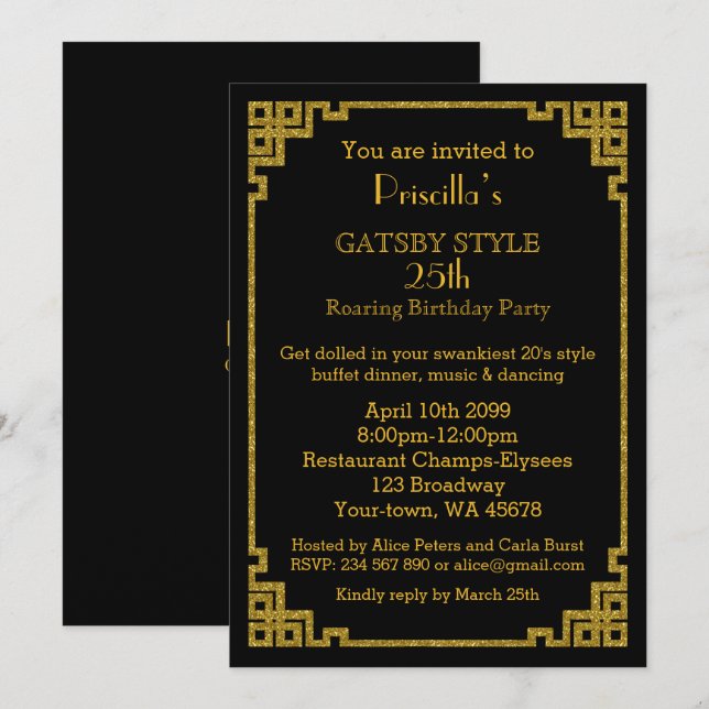Invitation 25e anniversaire, style Gatsby, noir & or (Devant / Derrière)