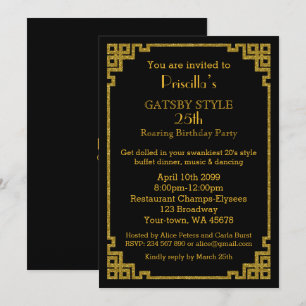 Invitation 25e anniversaire, style Gatsby, noir & or