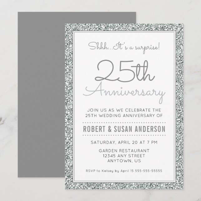 Invitation 25e anniversaire Surprise | Parties scintillant Ar (Devant / Derrière)
