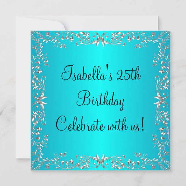 Invitation 25e anniversaire Turquoise & Silver Floral Metal (Devant)